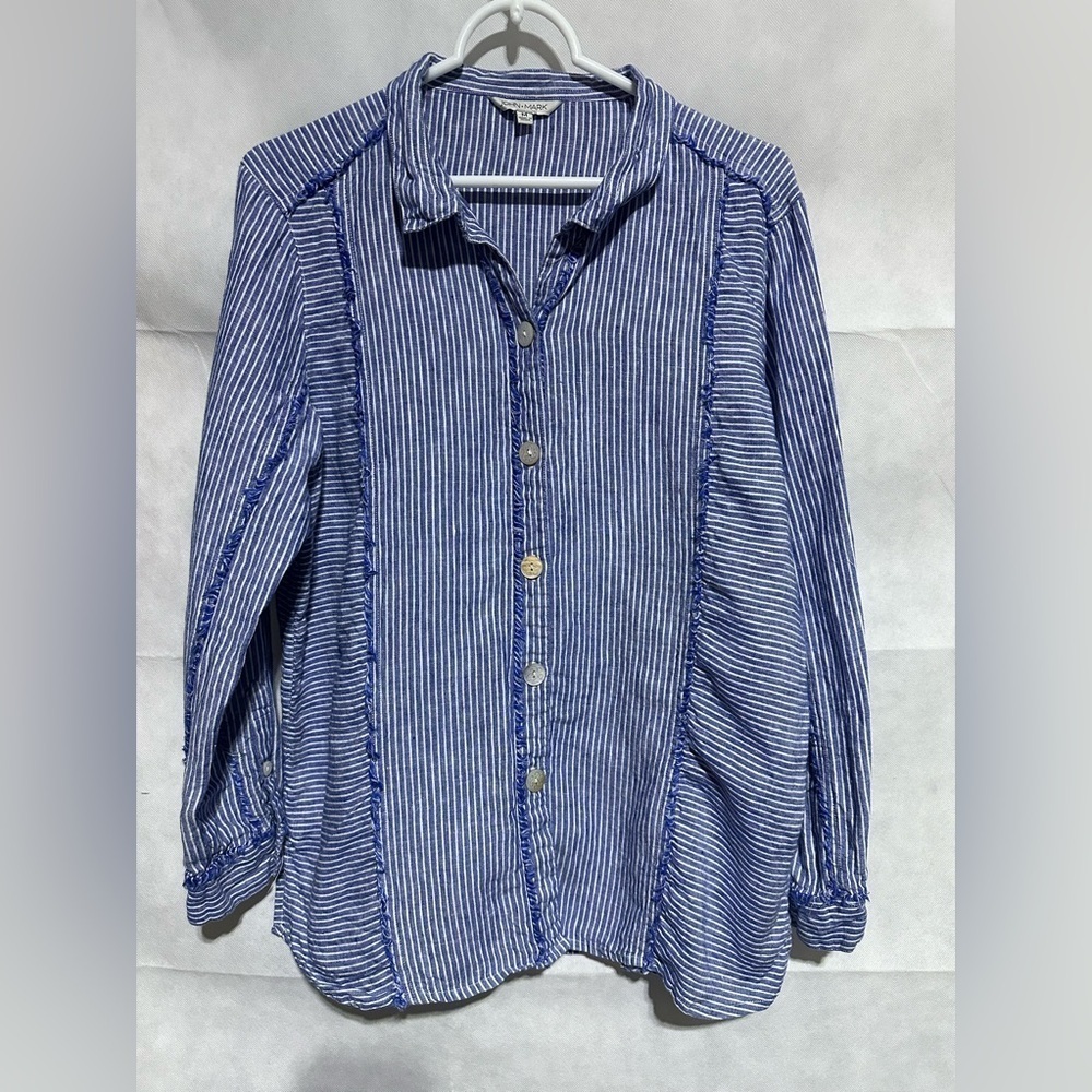 John Mark Shirt Women’s M Blue White Striped 100% Linen Button Down Roll Tab